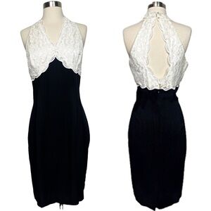Vintage 90’s Contrasting Black With White Lace V-Neck Formal Sheath Dress 12
